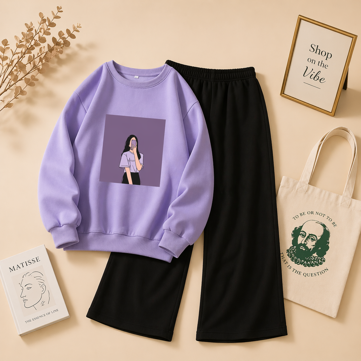 LILAC SWEATSHIRT PURPLE BACKGROUND GIRL WITH FLAPPER TROUSER