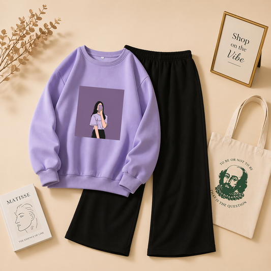 LILAC SWEATSHIRT PURPLE BACKGROUND GIRL WITH FLAPPER TROUSER