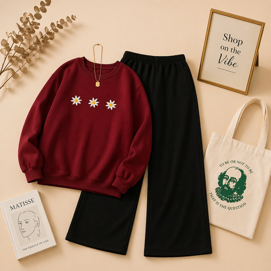 MAROON SWEATSHIRT WITH 3 DAISY WITH FLAPPER