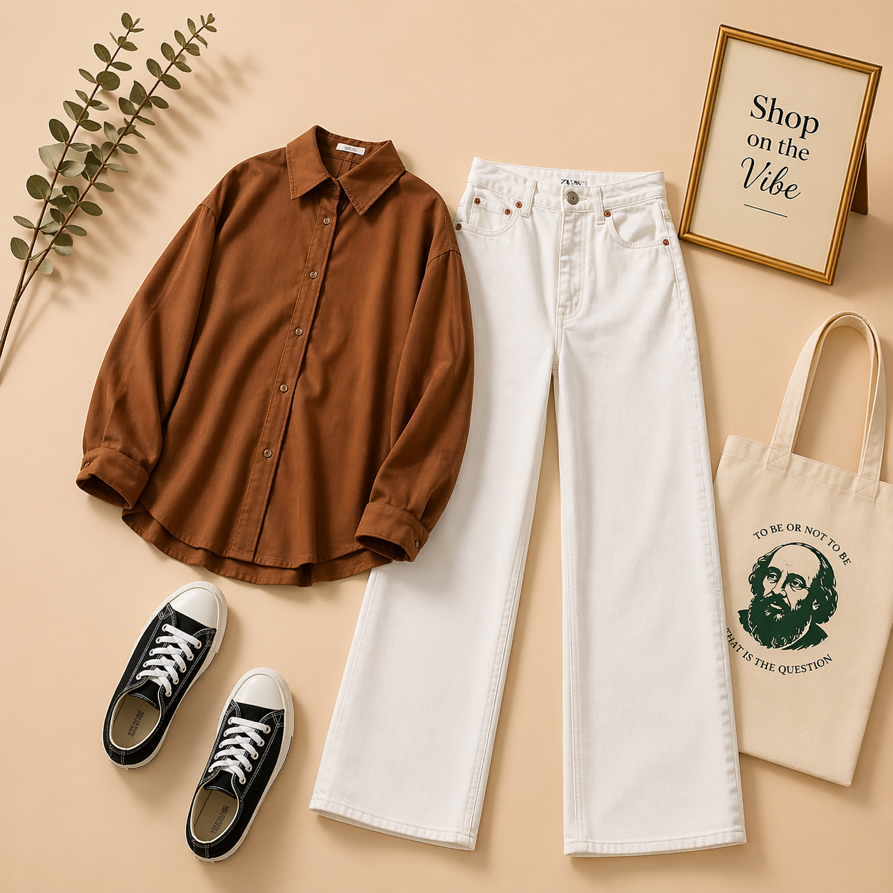 BROWN BUTTON SHIRT WITH WHITE JEANS