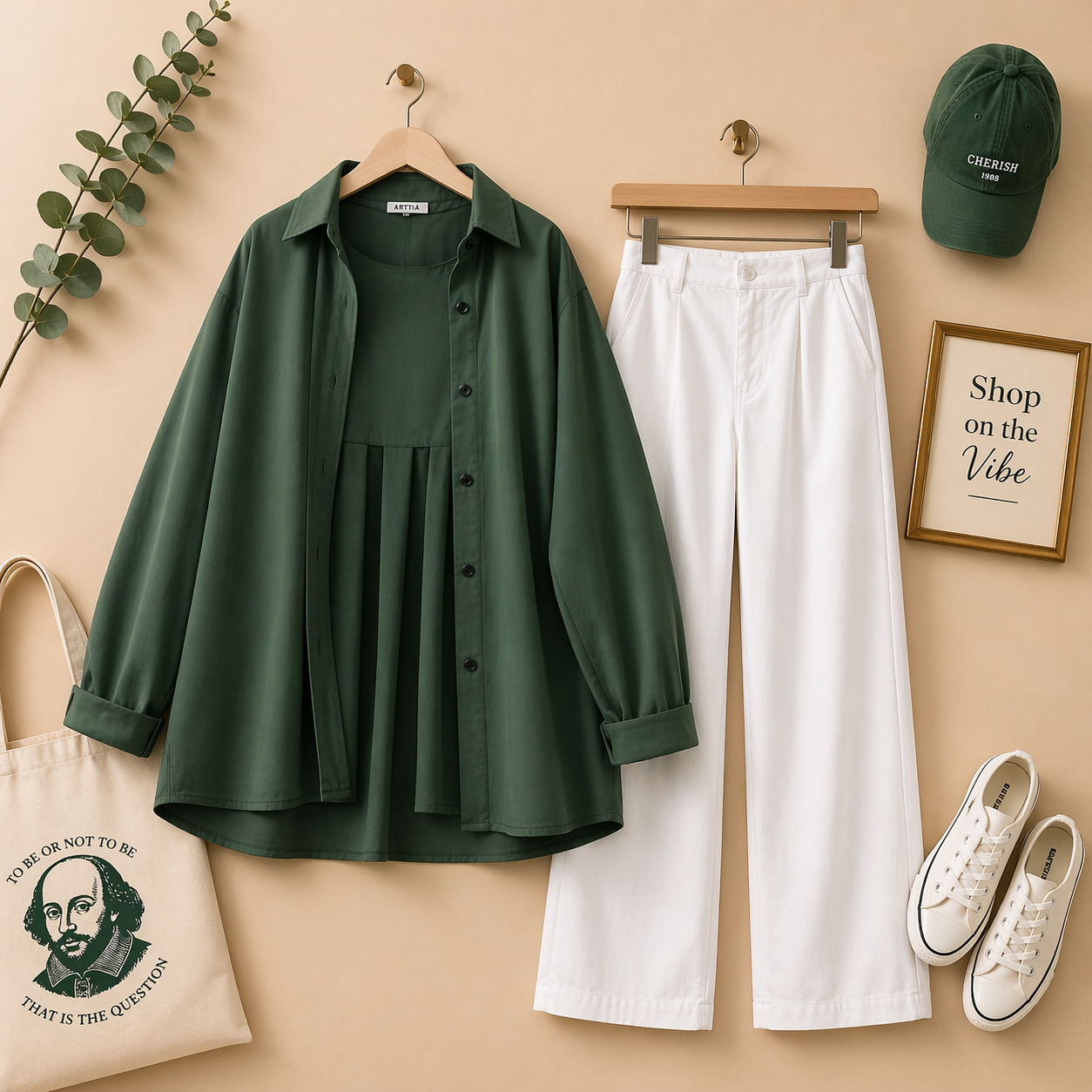 BOTTLE GREEN BUTTON DOWN SHIRT WITH WHITE WIDE LEG JEANS