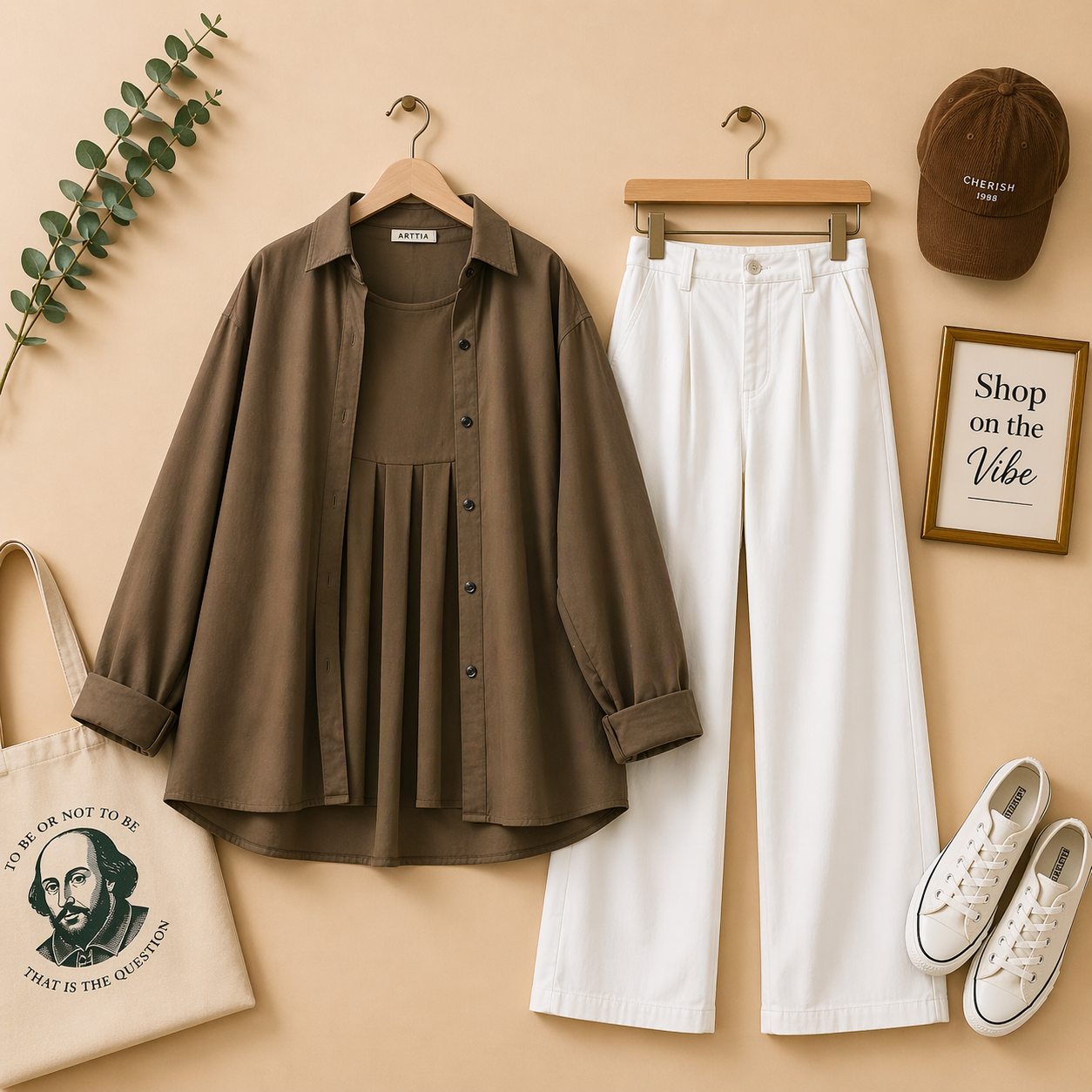 BROWN BUTTON DOWN SHIRT WITH WHITE WIDE LEG JEANS