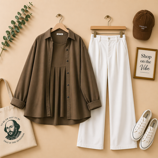BROWN BUTTON DOWN SHIRT WITH WHITE WIDE LEG JEANS
