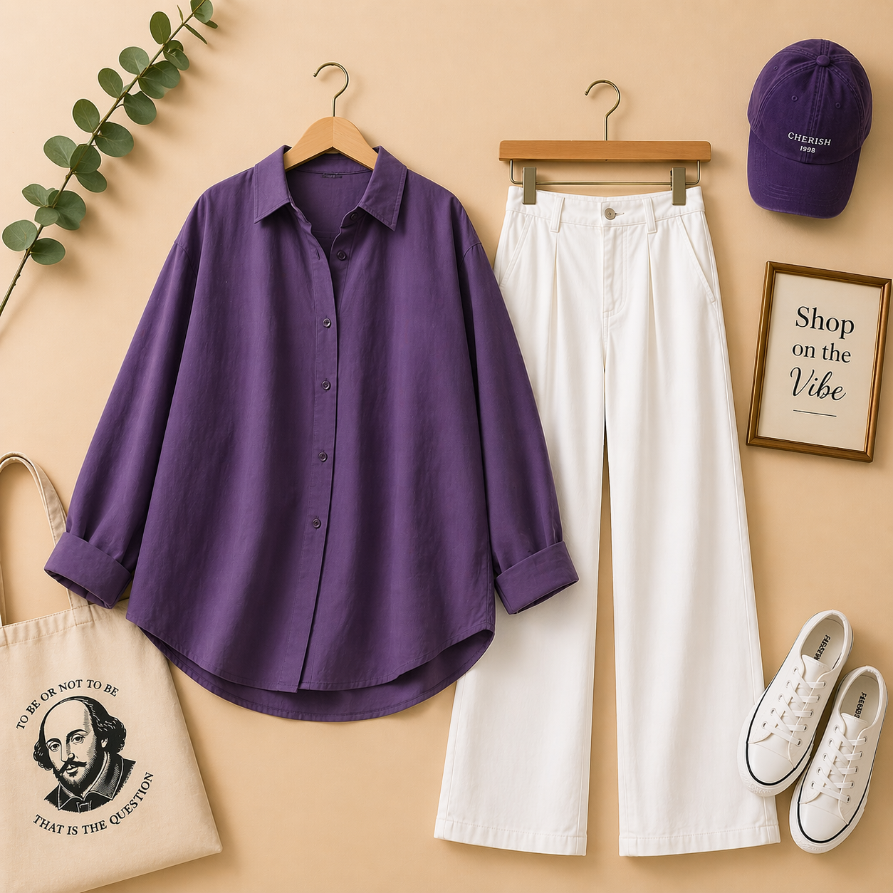PURPLE BUTTON DOWN SHIRT WITH WHITE WIDE LEG JEANS