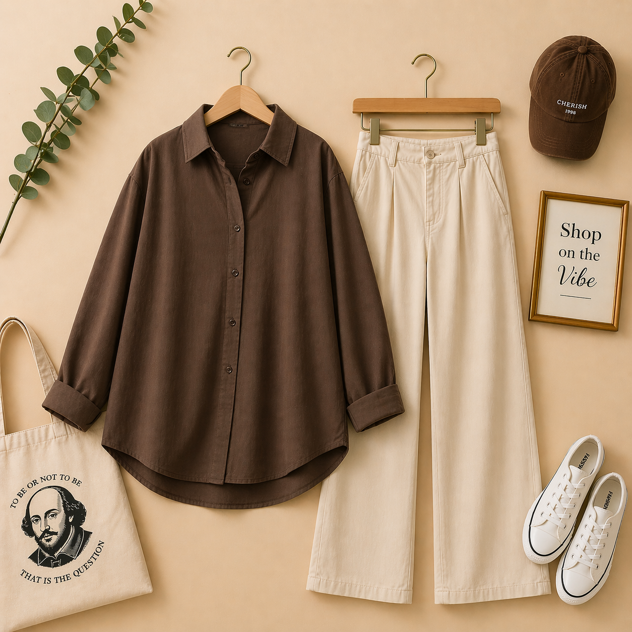 BROWN BUTTON DOWN SHIRT WITH BEIGE WIDE LEG JEANS