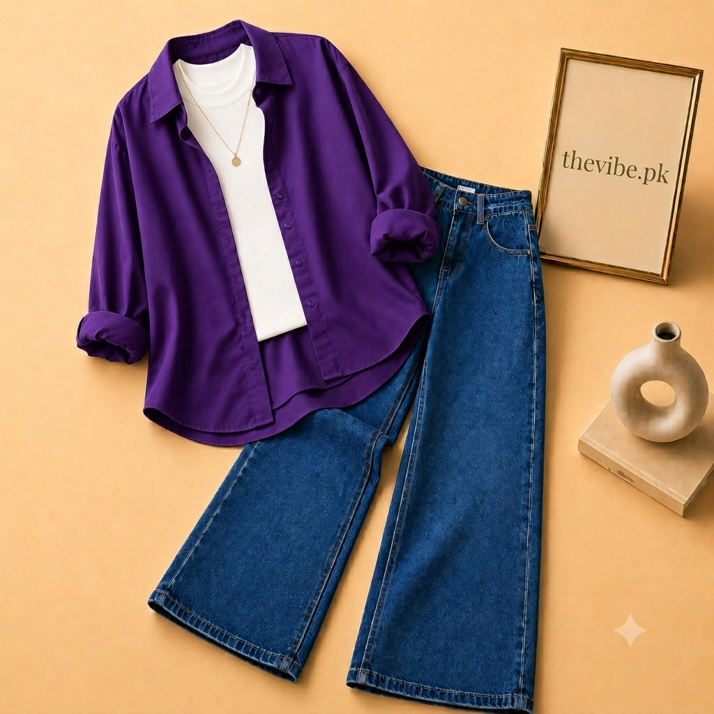 PURPLE BUTTON DOWN SHIRT  WITH WHITE TANK TOP MID BLUE WIDE LEG JEANS (3Pcs)