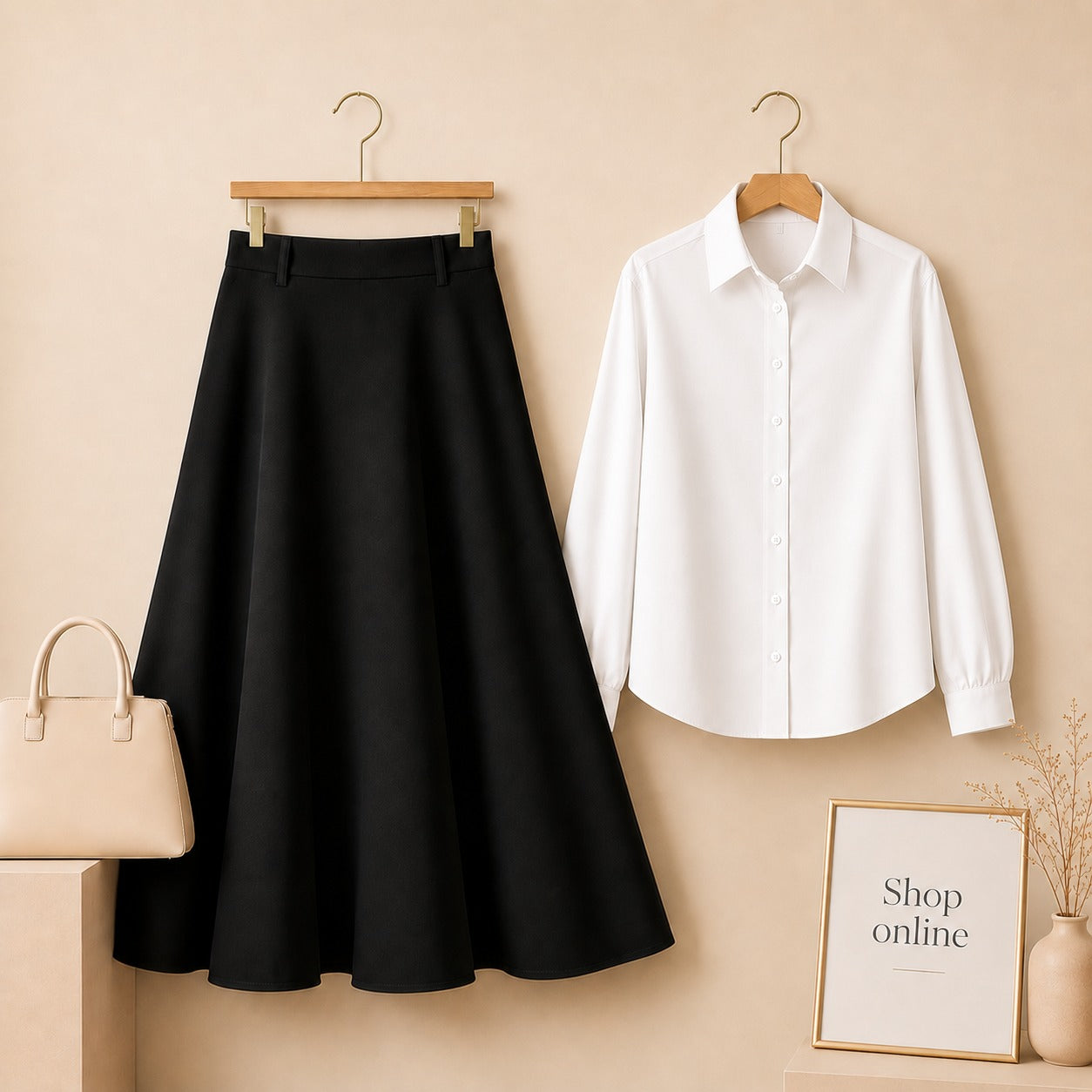 WHITE BUTTON DOWN WITH BLACK COTTON TWILL SKIRT