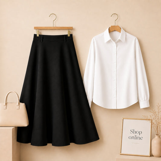 WHITE BUTTON DOWN WITH BLACK COTTON TWILL SKIRT