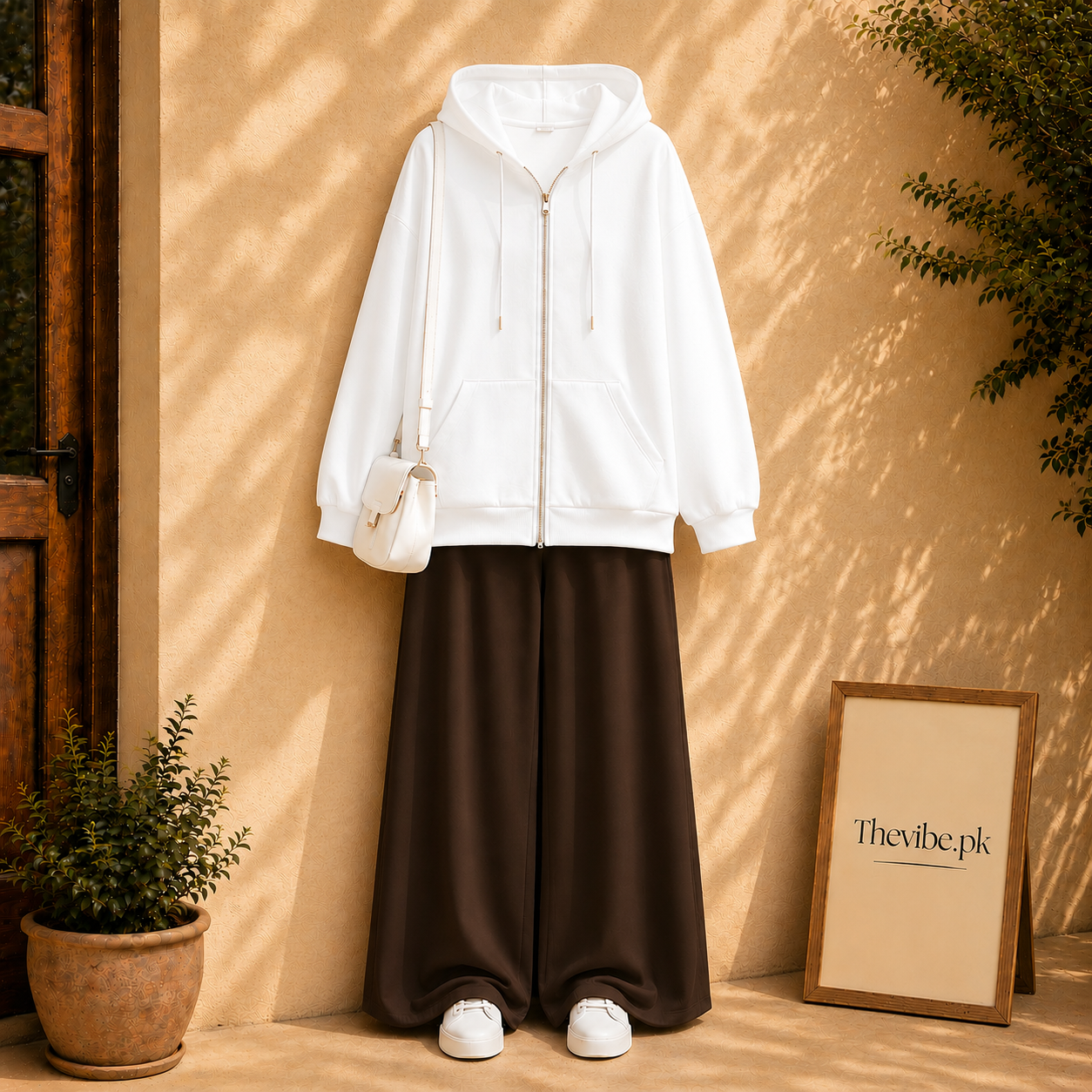 WHITE ZIP HOODIE WITH BROWN FLAPPER