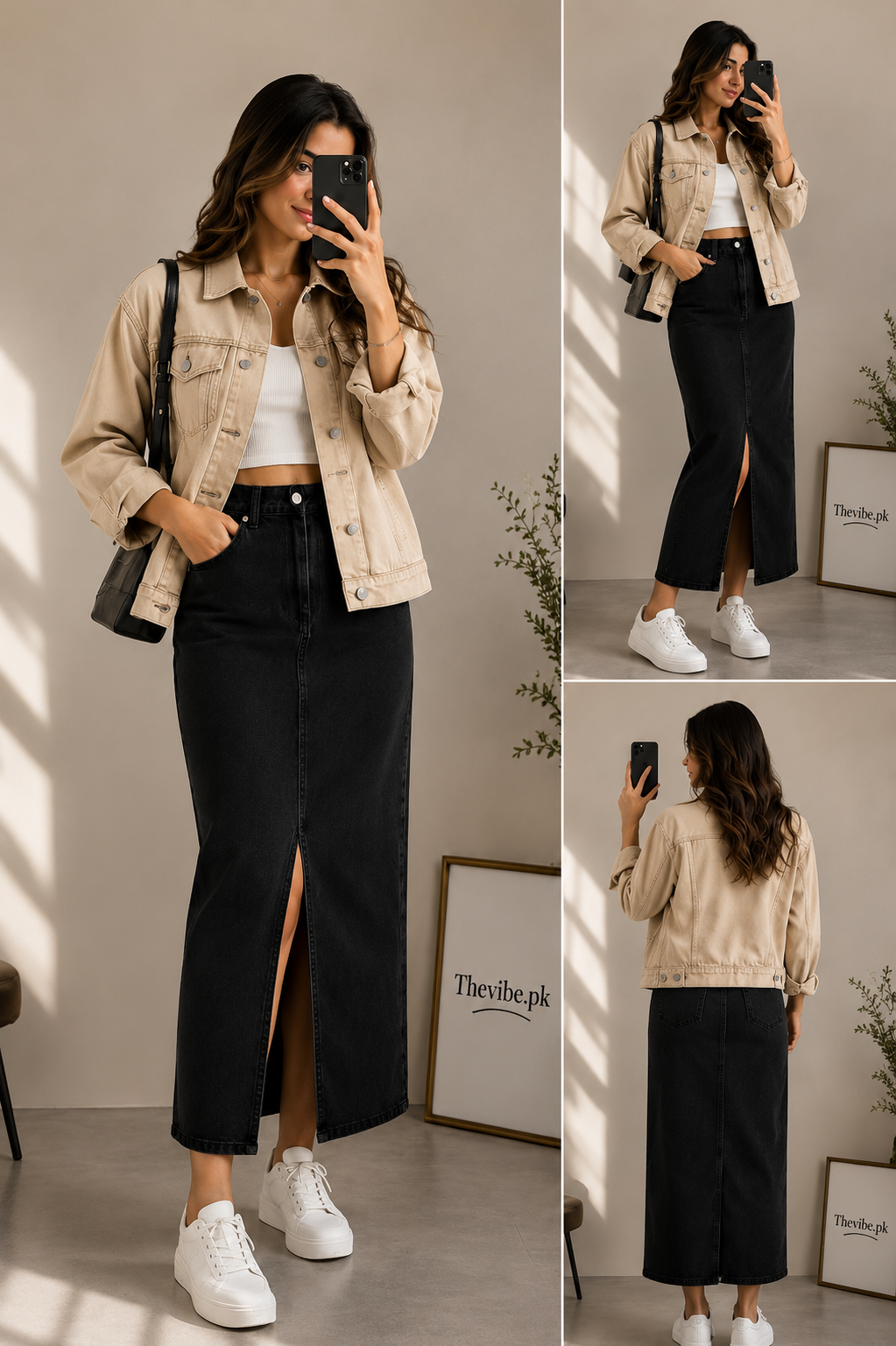 BEIGE DENIM JACKET WITH BLACK DENIM SHIRT