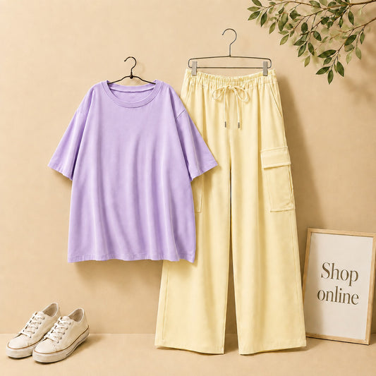 LILAC DROP SHOULDER TEE SHIRT WITH BEIGE CARGO TROUSER
