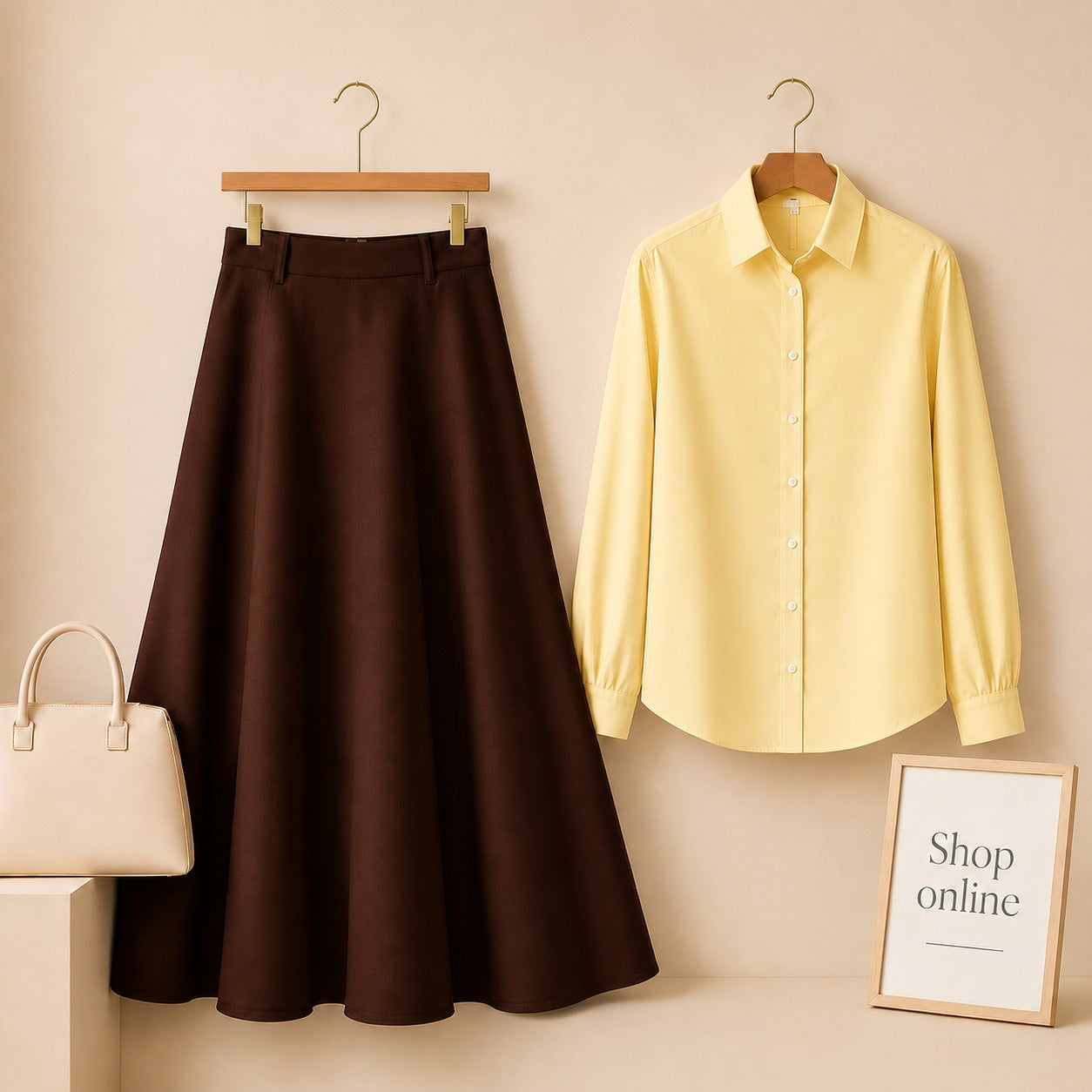 YELLOW BUTTON DOWN WITH DARK BROWN COTTON TWILL SKIRT