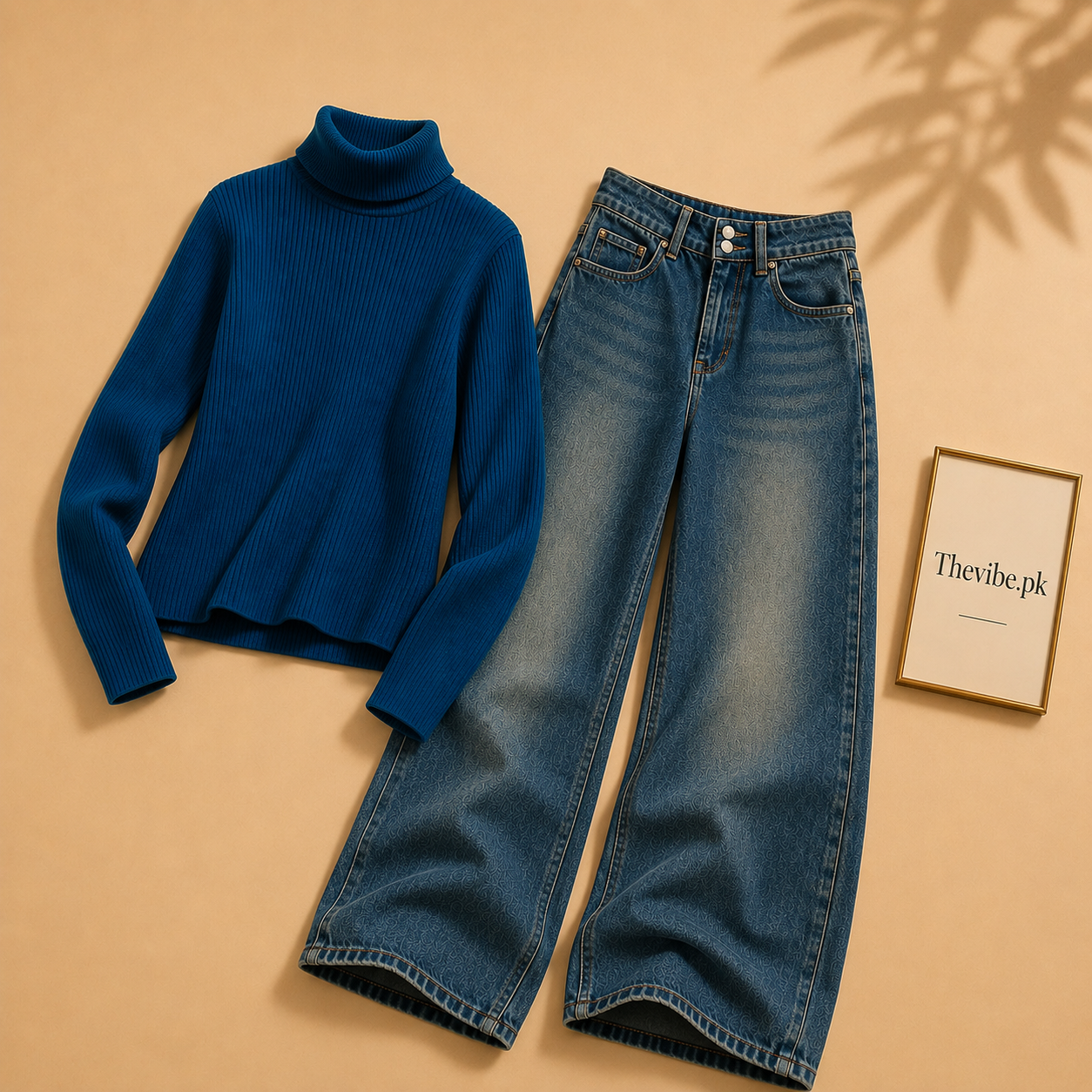 PETROLEUM BLUE RIBKNIT HIGH NACK WITH DARKISH BLUE WIDE LEG JEANS