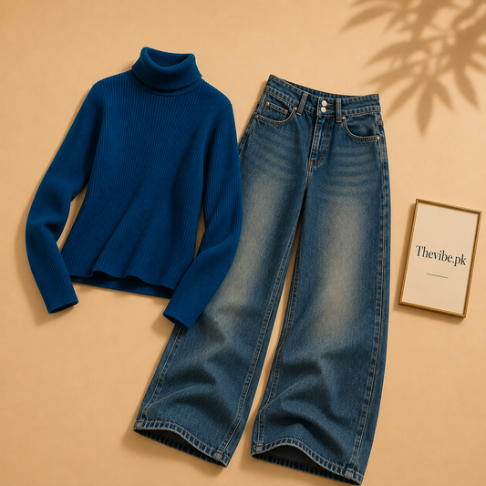 PETROLEUM BLUE RIBKNIT HIGH NACK WITH DARKISH BLUE WIDE LEG JEANS