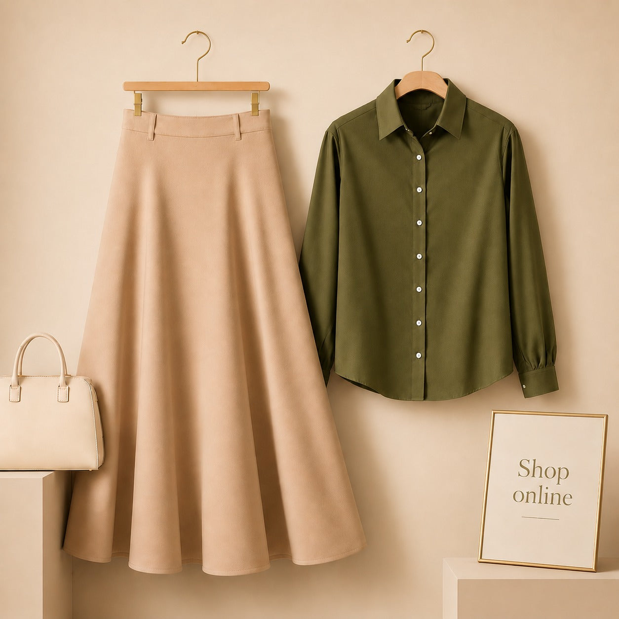 OLIVE GREEN BUTTON DOWN WITH BEIGE COTTON TWILL SKIRT