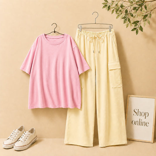 LIGHT PINK DROP SHOULDER TEE SHIRT WITH BEIGE CARGO TROUSER