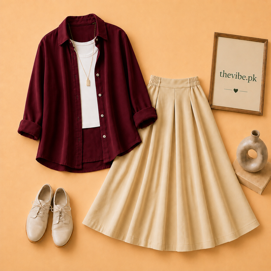 MAROON BUTTON DOWN SHIRT WITH WHITE TANKTOP AND BEIGE TWILL SHIRT