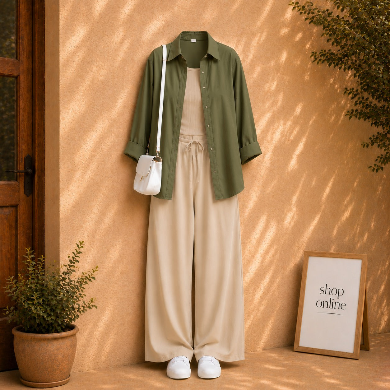 OLIVE GREEN BUTTON DOWN SHIRT WITH BEIGE TANK TOP AND BEIGE FLAPPER