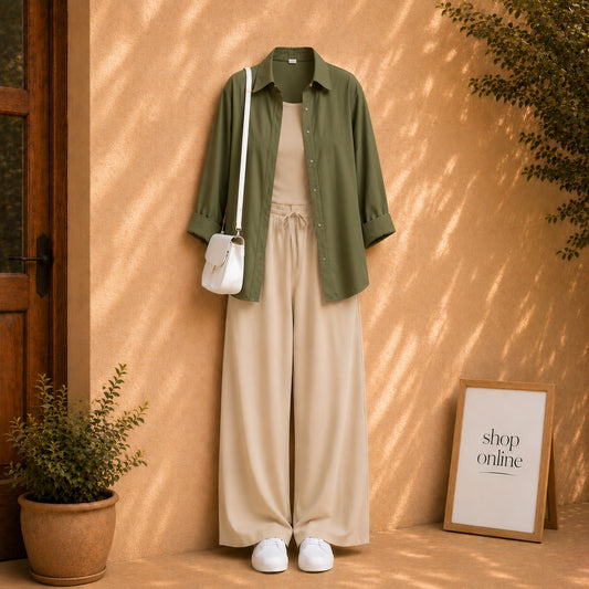 OLIVE GREEN BUTTON DOWN SHIRT WITH BEIGE TANK TOP AND BEIGE FLAPPER