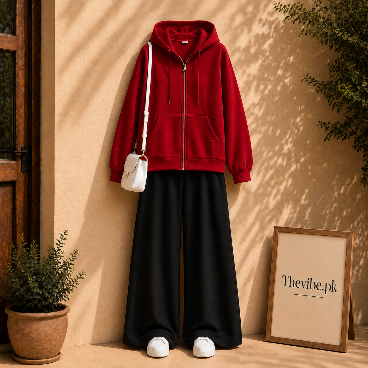RED ZIP HOODIE WITH BLACK FLAPPER