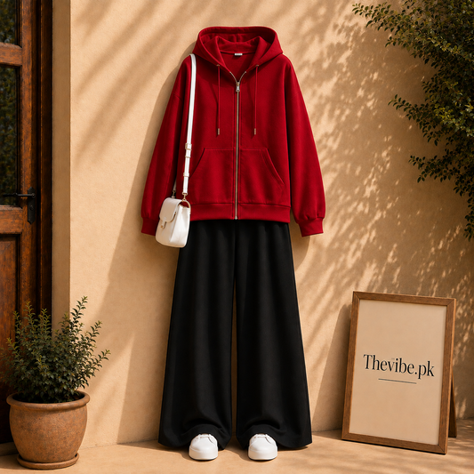 RED ZIP HOODIE WITH BLACK FLAPPER