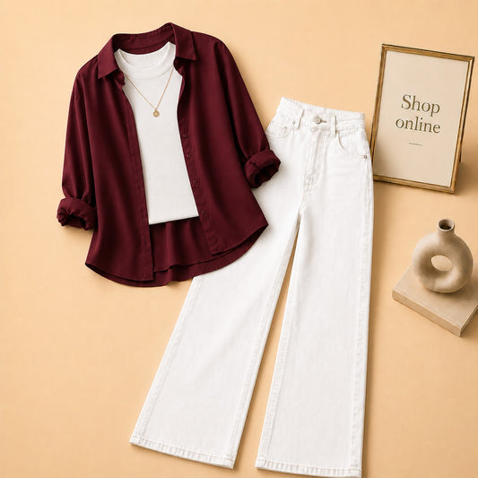 MAROON BUTTON DOWN SHIRT WITH WHITE TANK TOP WHITE WIDE LEG JEANS (3Pcs)