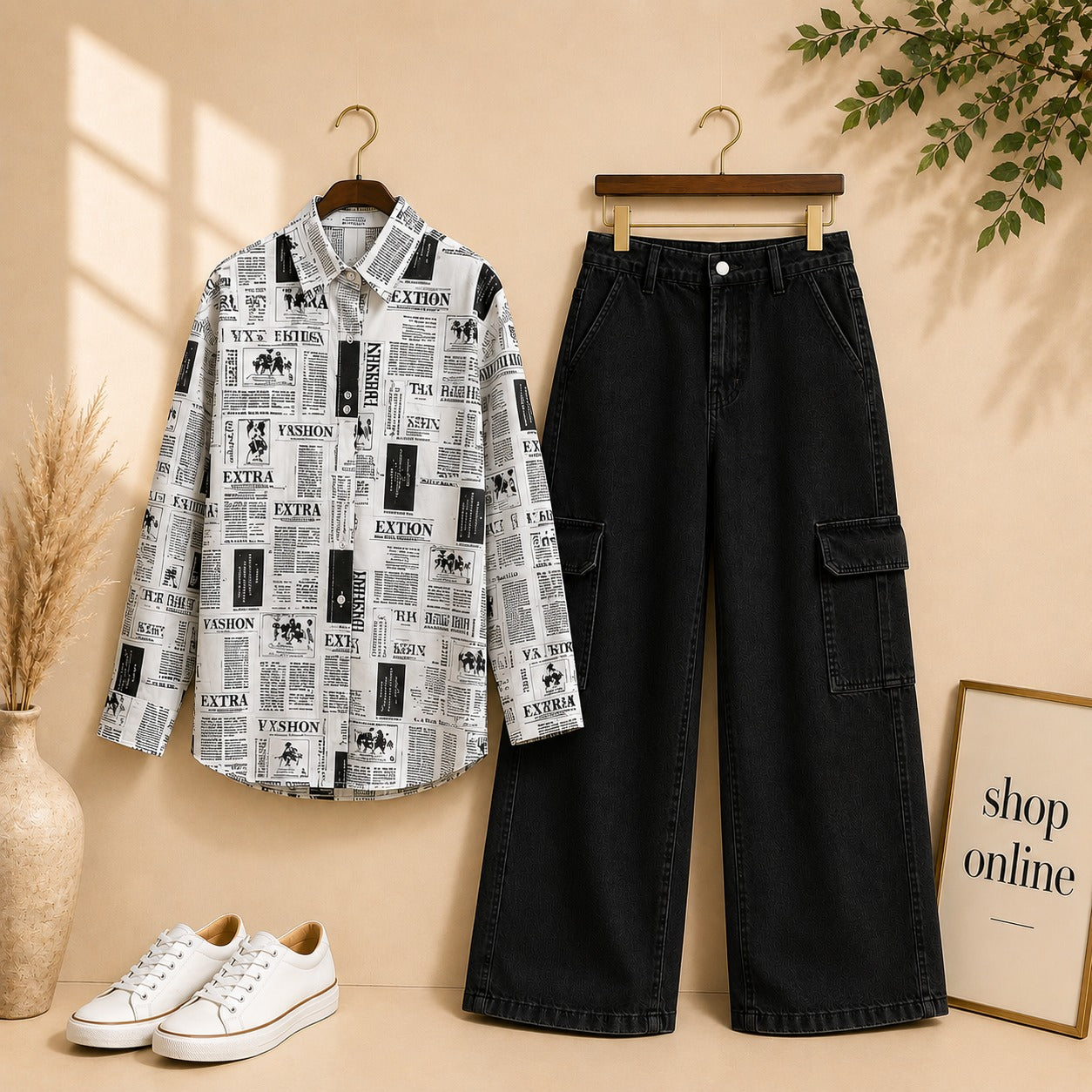NEWS PAPER  BUTTON SHIRT WITH BLACK CARGO JEANS