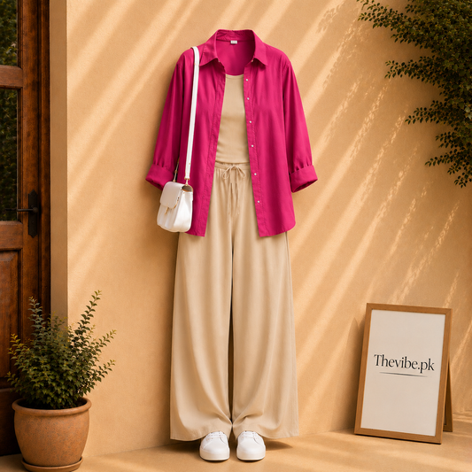 HOT PINK BUTTON DOWN SHIRT WITH BEIGE TANK TOP AND BEIGE FLAPPER