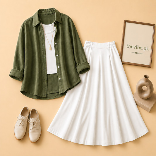 OLIVE GREEN BUTTON DOWN SHIRT WITH WHITE TANKTOP AND WHITE TWILL SHIRT