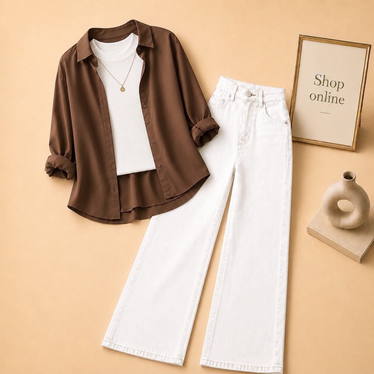 DARK BROWN BUTTON DOWN SHIRT WITH WHITE TANK TOP WHITE WIDE LEG JEANS (3Pcs)