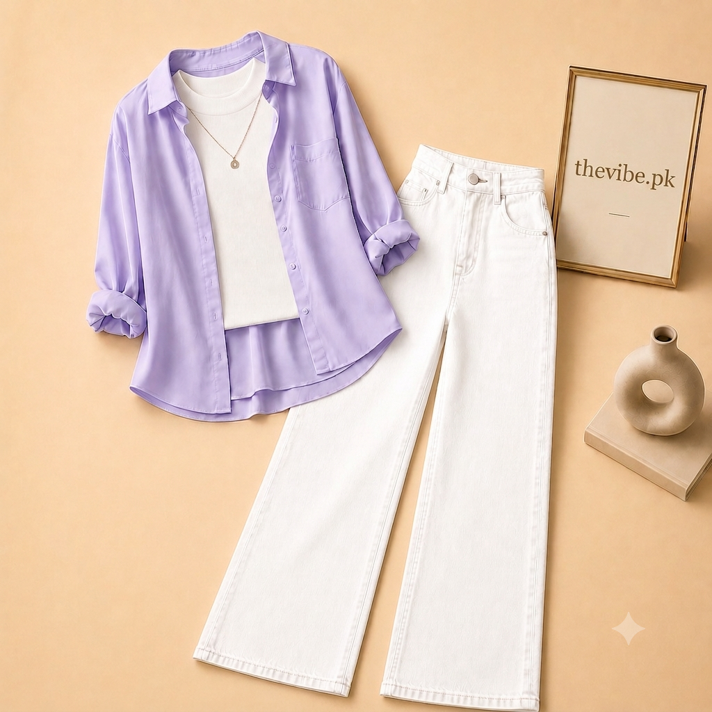 LILAC BUTTON DOWN SHIRT  WITH  WHITE  TANK TOP WHITE WIDE LEG JEANS (3Pcs)