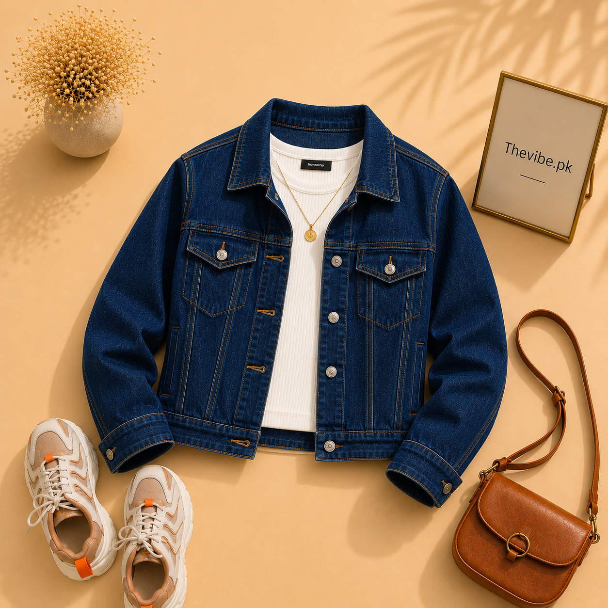 DARK BLUE DENIM JACKET WITH WHITE TANK TOP