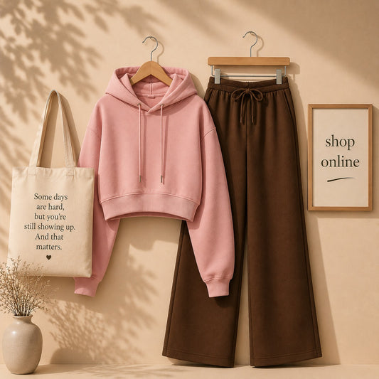 BASIC PINK CROP HOOD WITH BROWN FLAPPER