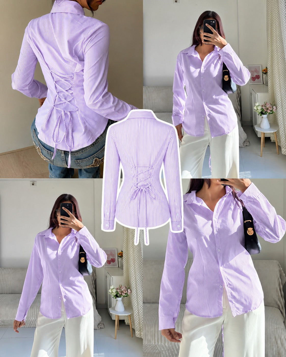 LILAC N WHITE CORSET LACE-UP BACK STRIPE SHIRT