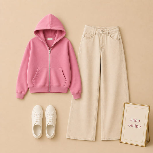 PINK ZIP HOODIE WITH BEIGE WIDE LEG JEANS