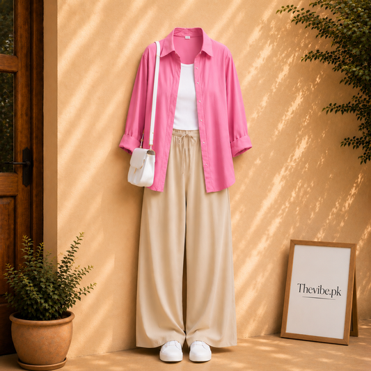 PINK BUTTON DOWN SHIRT WITH WHITE TANK TOP AND BEIGE FLAPPER