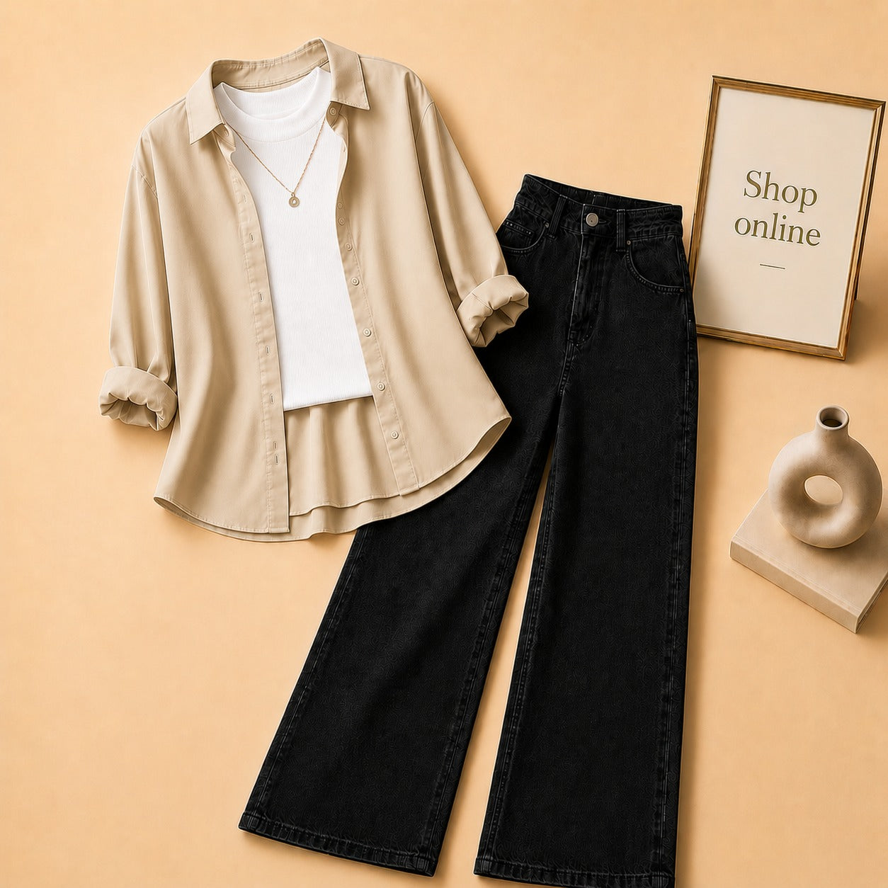 BEIGE BUTTON DOWN SHIRT WITH WHITE TANK TOP BLACK WIDE LEG JEANS (3Pcs)