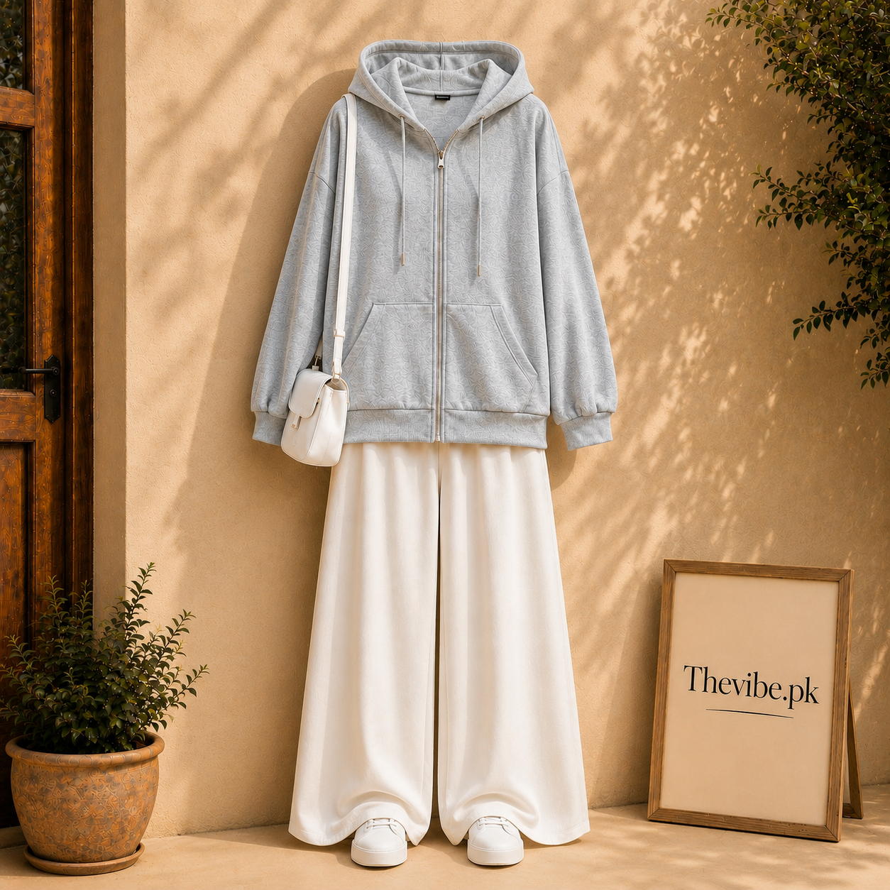 GREY ZIP HOODIE WITH WHITE FLAPPER