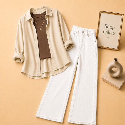 BEIGE BUTTON DOWN SHIRT WITH BROWN TANK TOP WHITE WIDE LEG JEANS (3Pcs)
