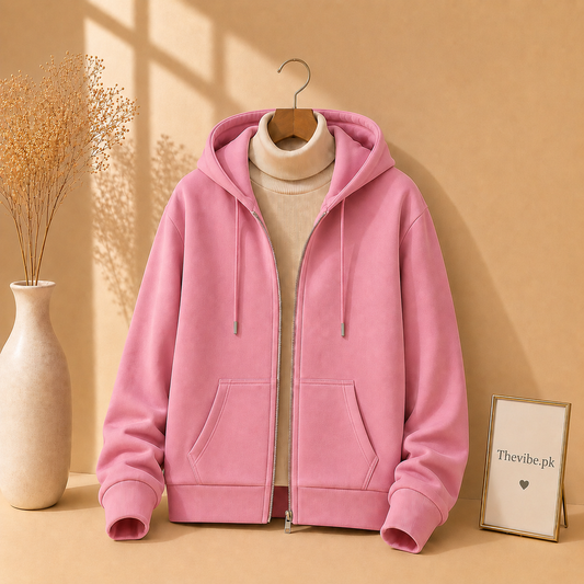 PINK ZIPPER HOODIE WITH BEIGE HIGH NECK