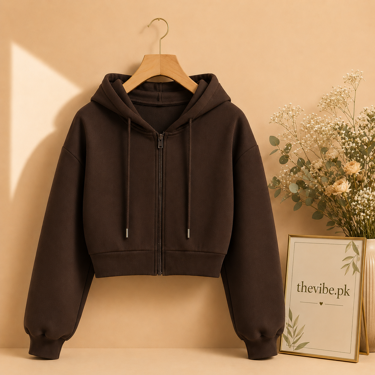 BASIC DARK BROWN CROP ZIPPER HOOD