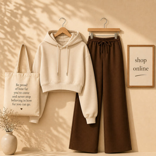 BASIC BEIGE CROP HOOD WITH BROWN FLAPPER