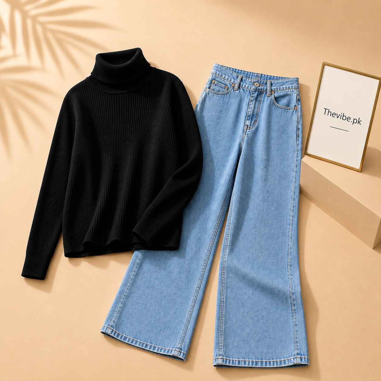 BLACK RIBKNIT HIGH NACK WITH SKY BLUE WIDE LEG JEANS