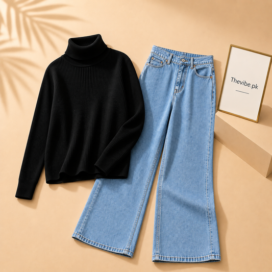 BLACK RIBKNIT HIGH NACK WITH SKY BLUE WIDE LEG JEANS