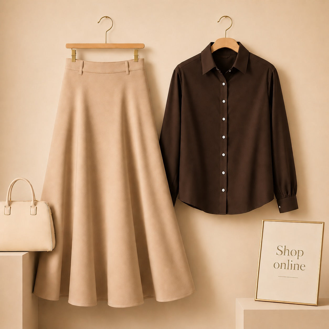 DARK BROWN BUTTON DOWN WITH BEIGE  COTTON TWILL SKIRT