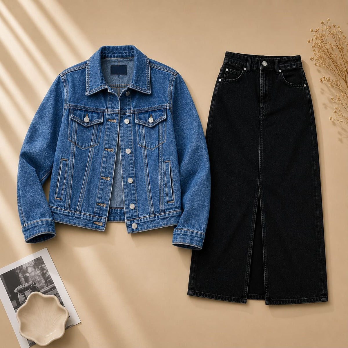 MID BLUE DENIM JACKET WITH BLACK DENIM SHIRT