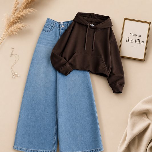 DARK BROWN HOODIE WITH SKY WIDE LEG JEANS