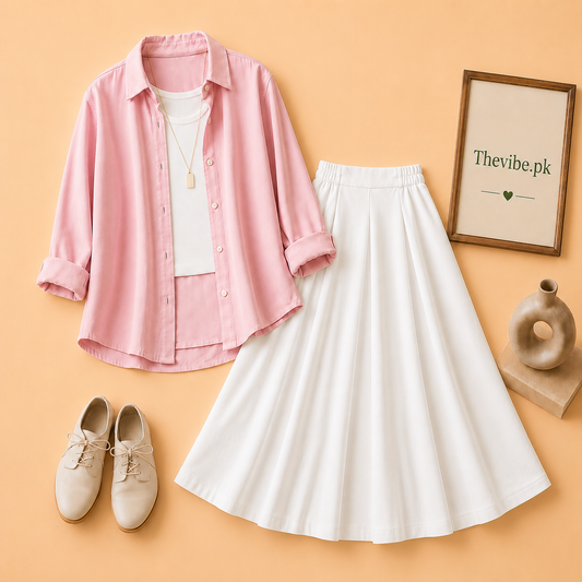 PINK BUTTON DOWN SHIRT WITH WHITE TANKTOP AND WHITE TWILL SHIRT