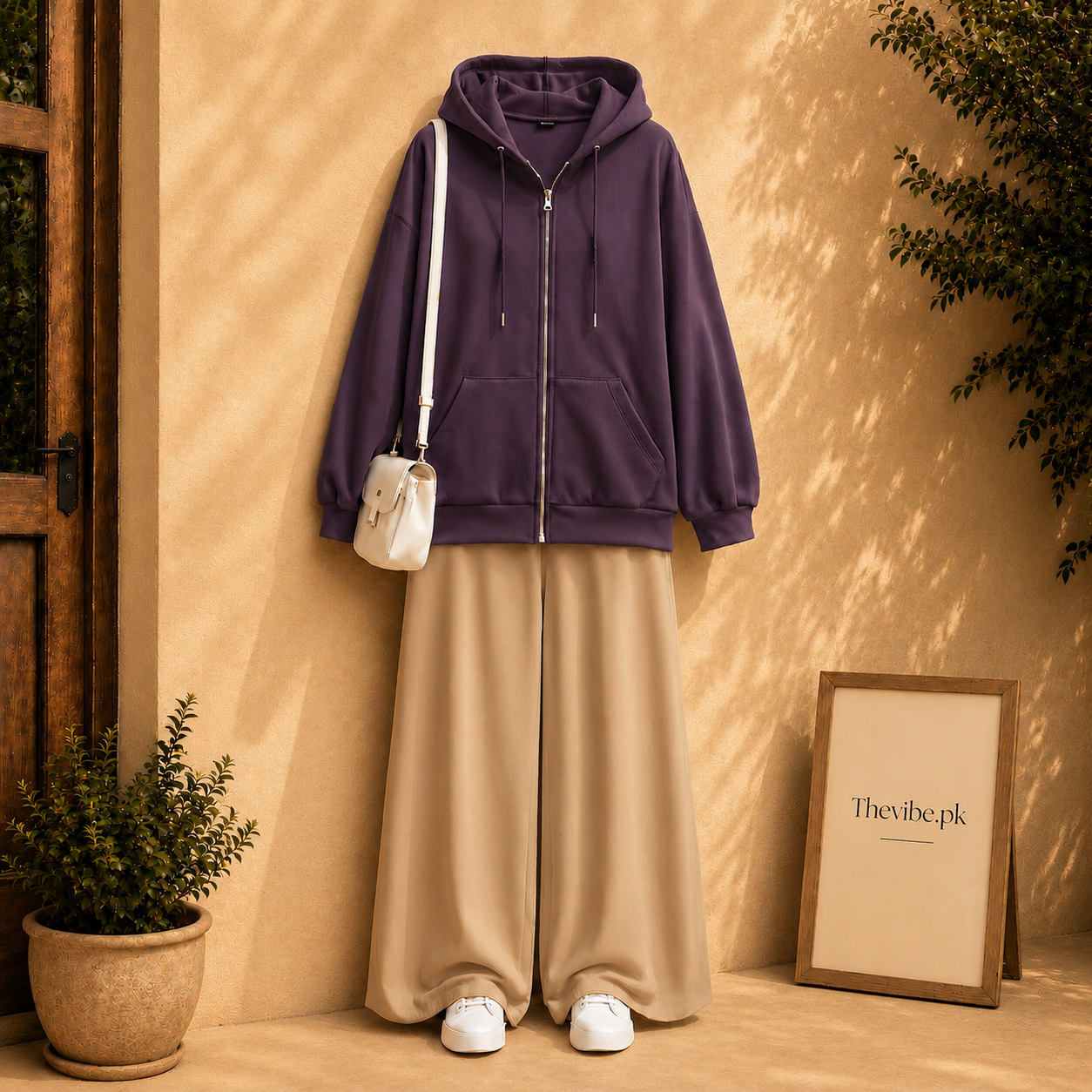 PURPLE ZIP HOODIE WITH beige FLAPPER