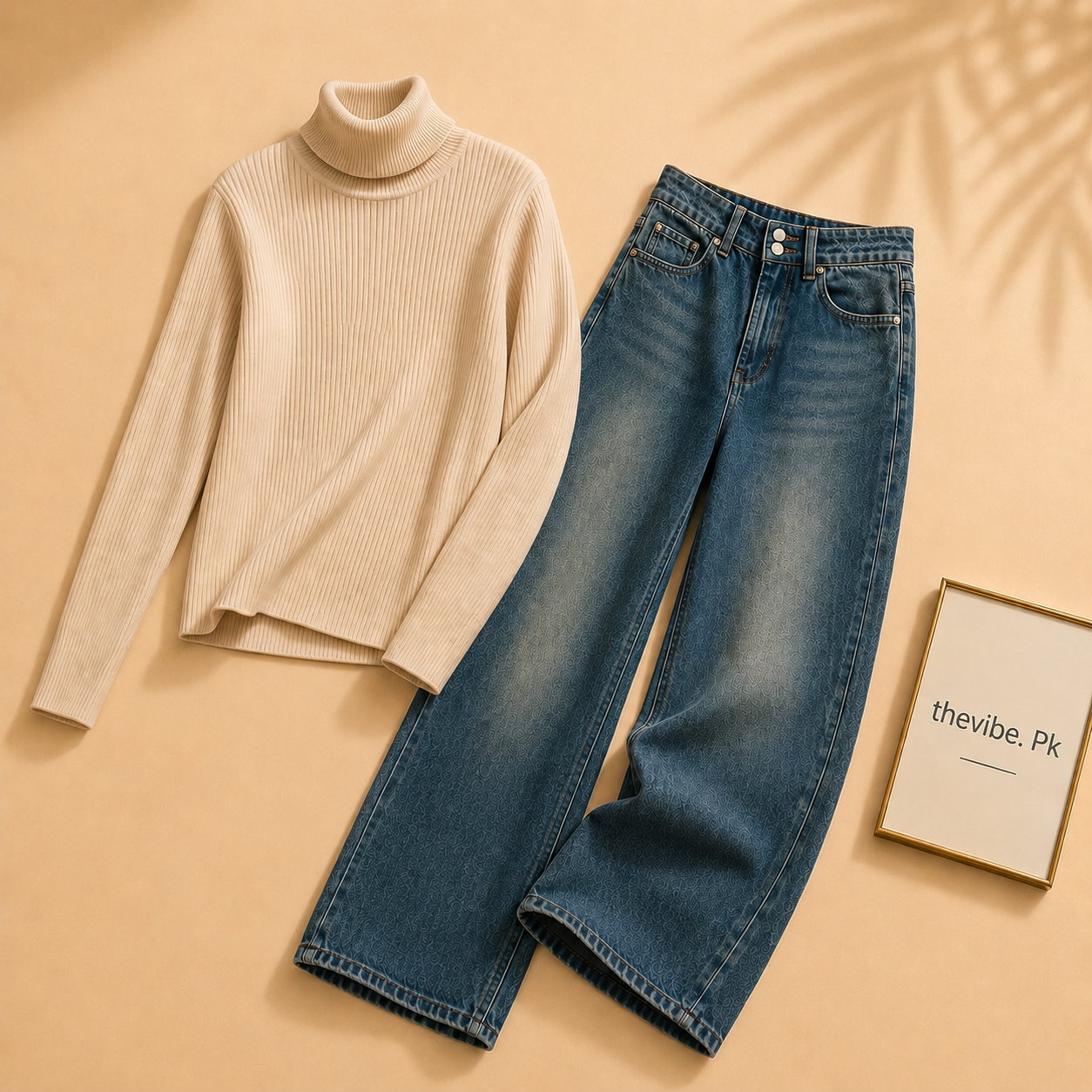 BEIGE RIBKNIT HIGH NACK WITH DARKISH BLUE WIDE LEG JEANS